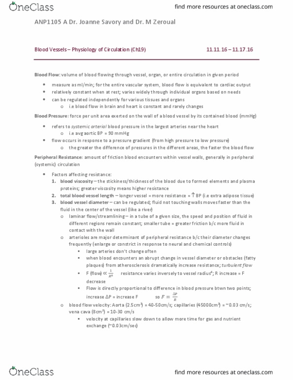 ANP 1105 Chapter Notes - Chapter 19: Blood Vessel, Vascular Resistance, Turbulence thumbnail