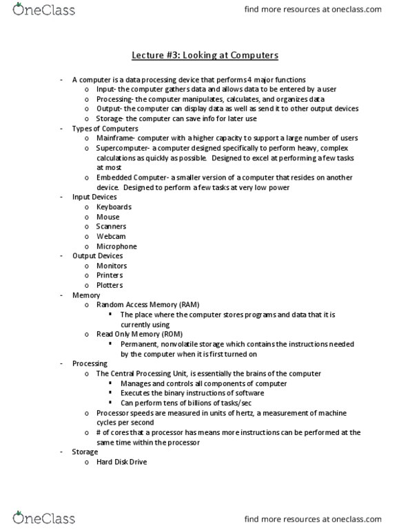 CGS-2100 Lecture Notes - Lecture 3: Mainframe Computer, Webcam, Supercomputer thumbnail