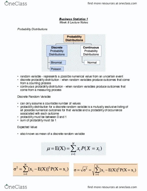 QMS 102 Lecture Notes - Lecture 8: Random Variable, Binomial Distribution, Poisson Distribution thumbnail