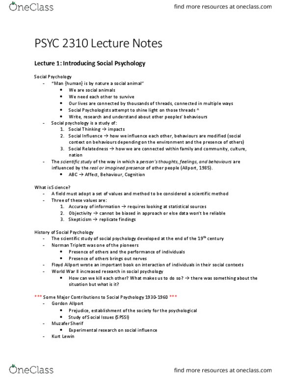 PSYC 2310 Lecture Notes - Lecture 1: Dispositional Attribution, Fundamental Attribution Error, Patty Hearst thumbnail