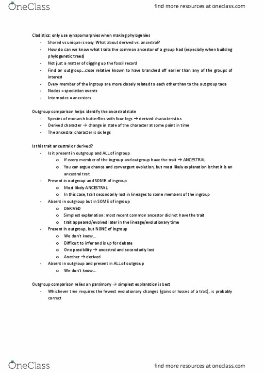 Biology 1001A Lecture Notes - Lecture 19: Monarch Butterfly, Synapomorphy, Cladistics thumbnail