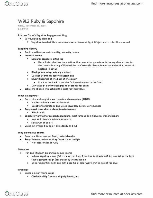 GEOL 102 Lecture Notes - Lecture 17: Cullinan Diamond, Corundum, Ruby thumbnail