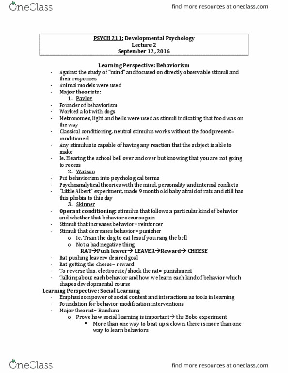 PSYCH211 Lecture Notes - Lecture 2: Classical Conditioning, Operant Conditioning, Behaviorism thumbnail