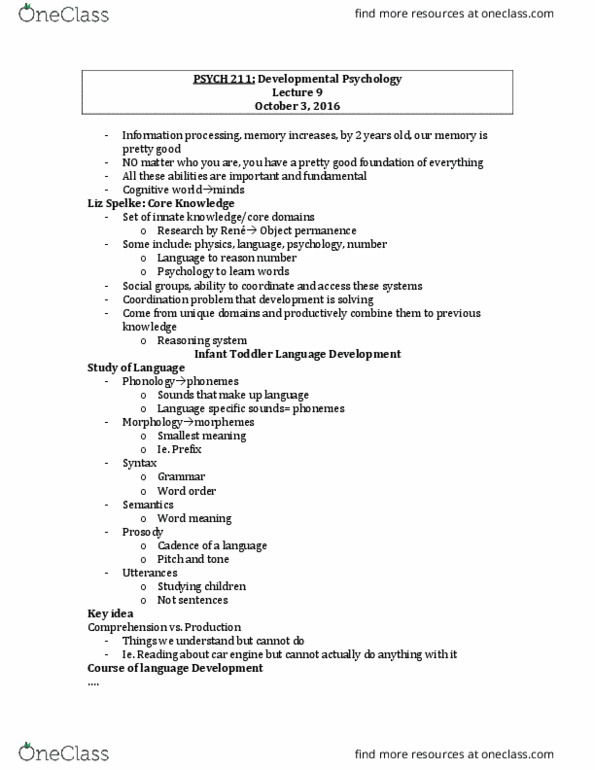 PSYCH211 Lecture Notes - Lecture 10: Mutual Exclusivity, Object Permanence, Information Processing thumbnail