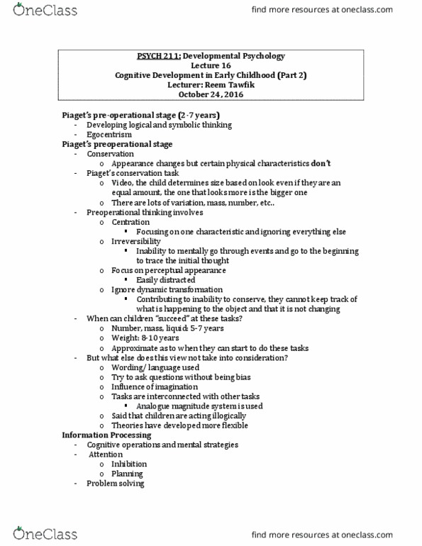 PSYCH211 Lecture Notes - Lecture 16: Cognitive Development, Working Memory, Problem Solving thumbnail