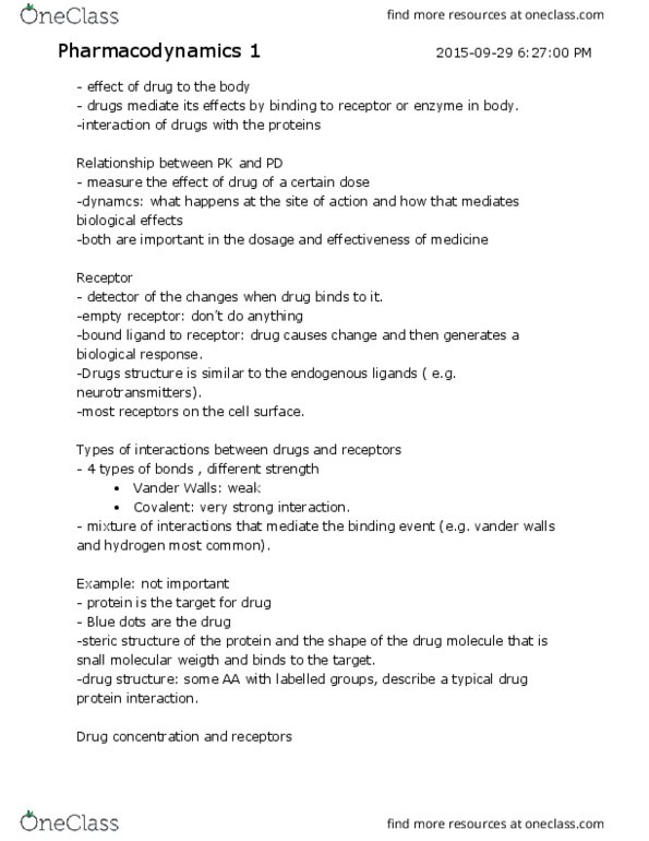 Pharmacology 3620 Lecture Notes - Lecture 1: Dissociation Constant, Hyperbole, Covalent Bond thumbnail