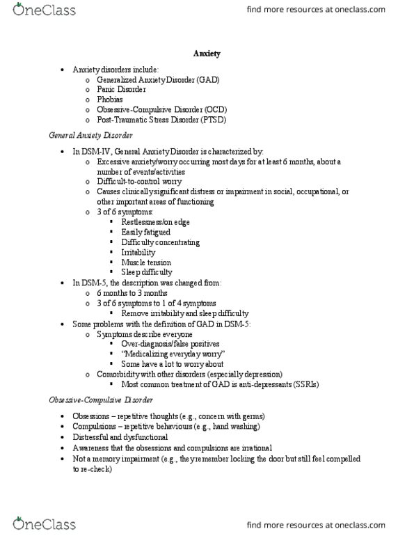 PSYC 1000 Lecture Notes - Lecture 19: Generalized Anxiety Disorder, Panic Disorder, Dsm-5 thumbnail
