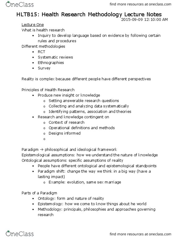 HLTB15H3 Lecture Notes - Lecture 1: Qualitative Research, Paradigm Shift, Construct Validity thumbnail