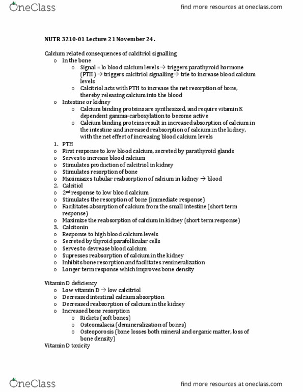 NUTR 3210 Lecture Notes - Lecture 21: Bone Resorption, Calcitriol, Gut Flora thumbnail