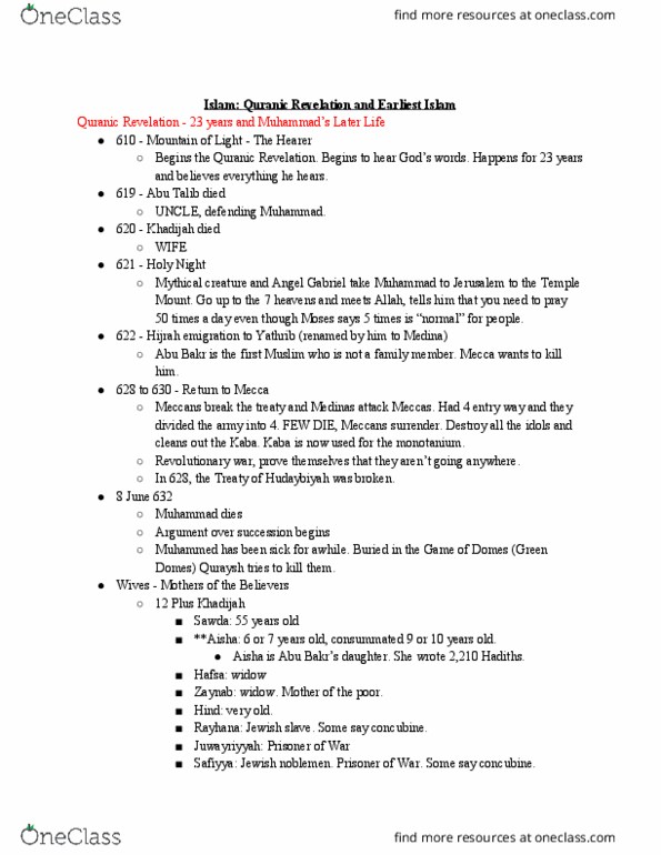 RELI 1001 Lecture Notes - Lecture 11: Rayhana Bint Zayd, Quraysh, Temple Mount thumbnail