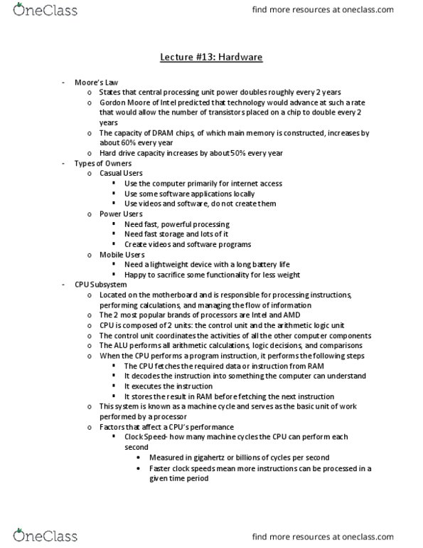 CGS-2100 Lecture Notes - Lecture 13: Arithmetic Logic Unit, Central Processing Unit, Hertz thumbnail