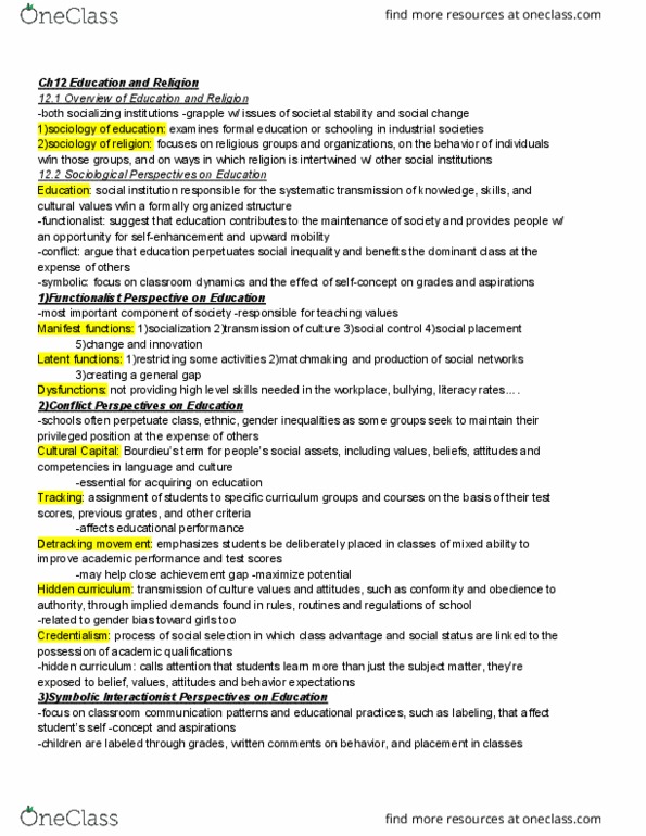 SOC 110 Chapter Notes - Chapter 12: Hidden Curriculum, Sociological Perspectives, Symbolic Interactionism thumbnail