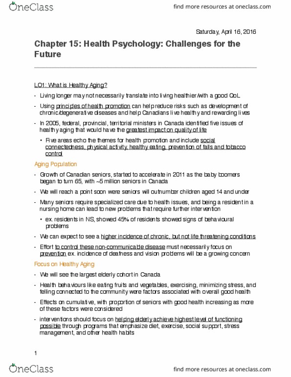 Psychology 2036A/B Chapter Notes - Chapter 15: Health Care In Canada, Coronary Artery Disease, Non-Communicable Disease thumbnail