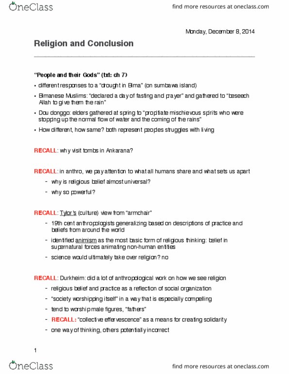 Anthropology 1020E Lecture Notes - Lecture 9: Sumbawa, Ankarana Reserve, Animism thumbnail