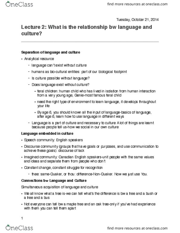 Anthropology 1020E Lecture Notes - Lecture 11: Feral Child, Linguistic Determinism, Linguistic Relativity thumbnail
