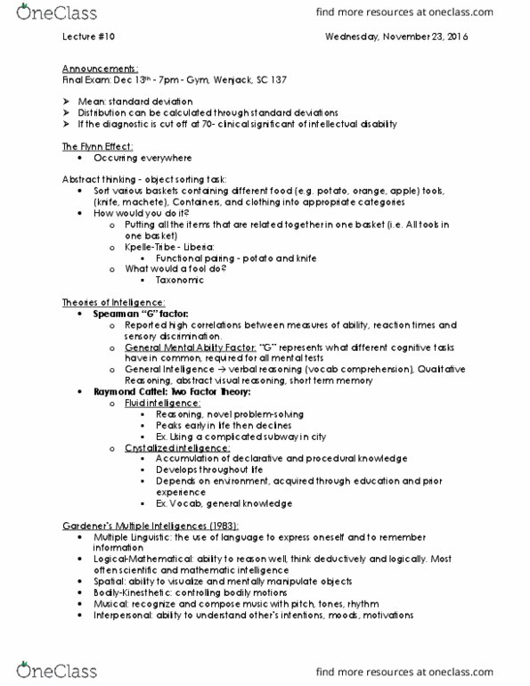 PSYC 1020H Lecture Notes - Lecture 10: Fluid And Crystallized Intelligence, Theory Of Multiple Intelligences, Flynn Effect thumbnail