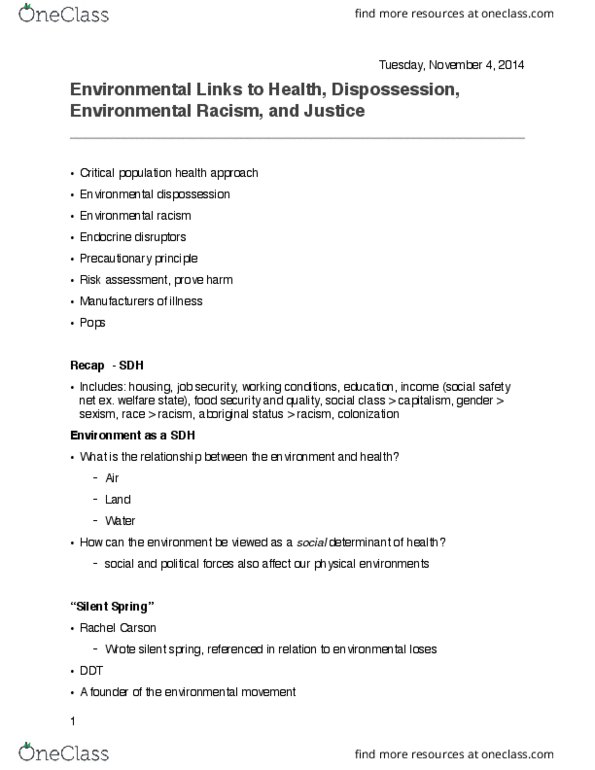Health Sciences 1002A/B Lecture Notes - Lecture 12: Endocrine Disruptor, Persistent Organic Pollutant, Precautionary Principle thumbnail