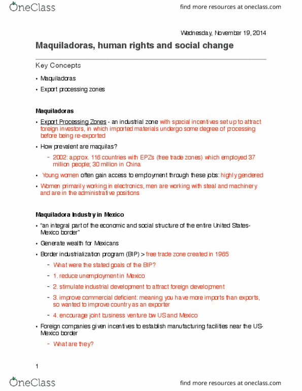 Health Sciences 1002A/B Lecture Notes - Lecture 15: Free-Trade Zone, Maquiladora, List Of Bluetooth Profiles thumbnail