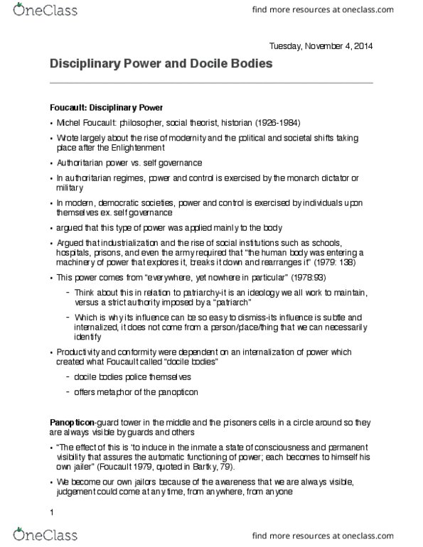 Women's Studies 1020E Lecture Notes - Lecture 8: Michel Foucault, Panopticon, Femininity thumbnail