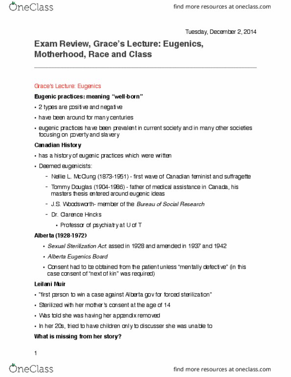 Women's Studies 1020E Lecture Notes - Lecture 12: Leilani Muir, Sexual Sterilization Act Of Alberta, Angela Davis thumbnail