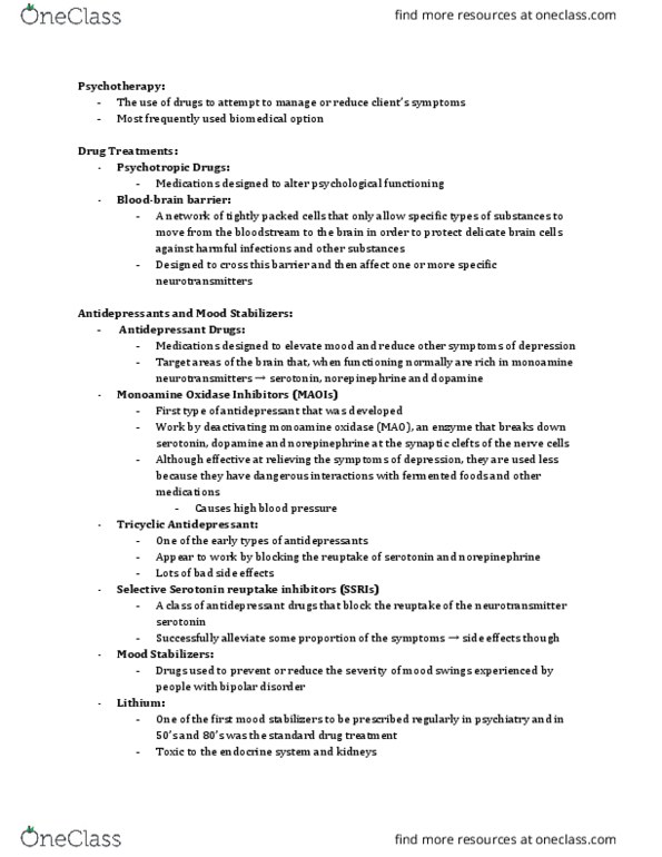 PSYC 1000 Chapter Notes - Chapter 16.3: Monoamine Oxidase, Monoamine Neurotransmitter, Bipolar Disorder thumbnail