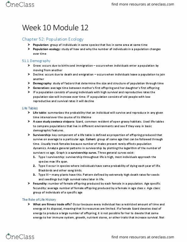 BIOL 103 Lecture Notes - Lecture 12: Viviparous Lizard, Survivorship Curve, Logistic Function thumbnail