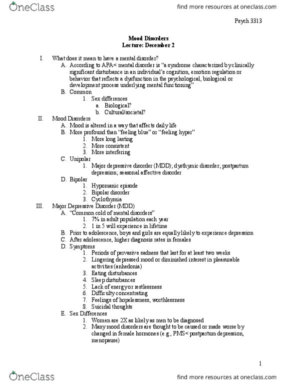 PSYCH 3313 Lecture Notes - Lecture 32: Major Depressive Disorder, Dexamethasone Suppression Test, Postpartum Depression thumbnail