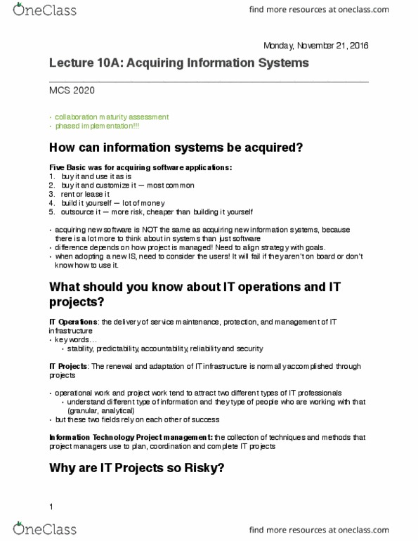 MCS 2020 Lecture Notes - Lecture 16: Information Technology Management, Project Management, Volatility Risk thumbnail