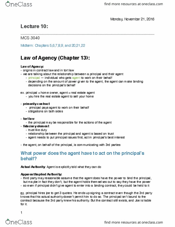 MCS 3040 Lecture Notes - Lecture 10: Limited Liability Partnership, Sole Proprietorship, Apparent Authority thumbnail