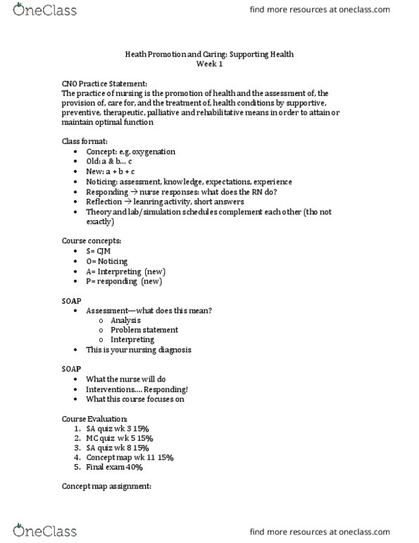 Nursing 2230A/B Lecture Notes - Lecture 1: Concept Map, Nursing Diagnosis, Practice Statement thumbnail