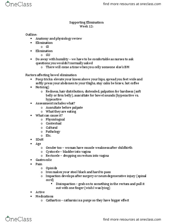 Nursing 2230A/B Lecture Notes - Lecture 12: Colorectal Cancer, Rectocele, Cystocele thumbnail