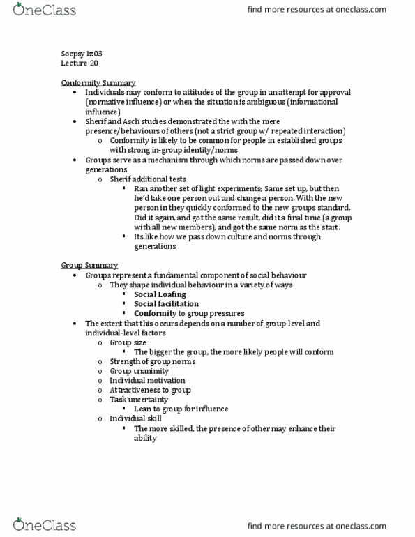 SOCPSY 1Z03 Lecture Notes - Lecture 20: Social Proof, Social Facilitation, Ingroups And Outgroups thumbnail
