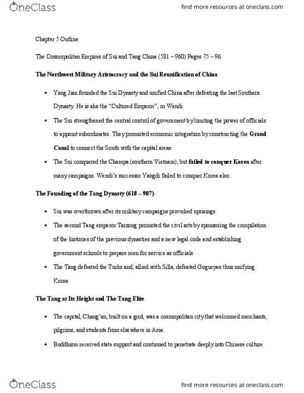 HIST 80a Chapter Notes - Chapter 5: Sui Dynasty, Emperor Yang Of Sui, Aristocracy thumbnail