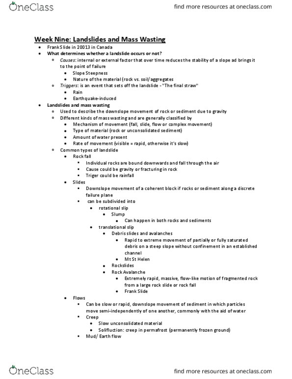 GEOL 106 Lecture Notes - Lecture 9: Mass Wasting, Debris Flow, Frank Slide thumbnail