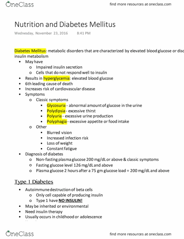 NUTR 222 Lecture Notes - Lecture 18: Diabetes Mellitus Type 1, Diabetes Mellitus Type 2, Water–Electrolyte Imbalance thumbnail