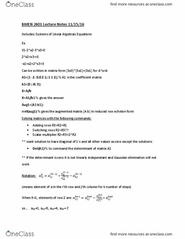 BMEN 2401 Lecture Notes - Lecture 10: Row Echelon Form, Augmented Matrix, Coefficient Matrix thumbnail