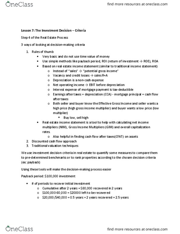 FINA 210 Lecture Notes - Lecture 7: Earnings Before Interest And Taxes, Discounted Cash Flow, Payback Period thumbnail