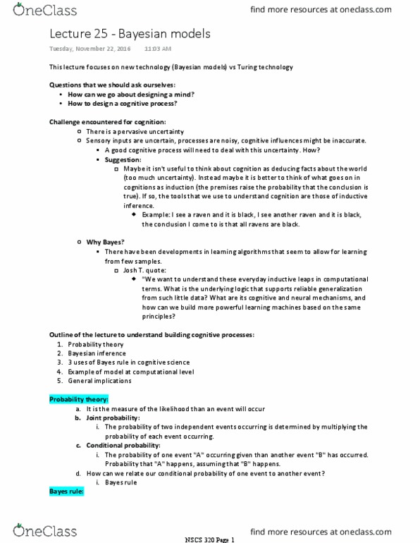 NSCS 320 Lecture Notes - Lecture 25: Bayes Estimator, Probability Theory, Causal Inference thumbnail