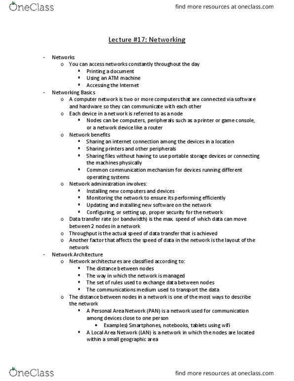 CGS-2100 Lecture Notes - Lecture 17: Local Area Network, Personal Area Network, Wide Area Network thumbnail