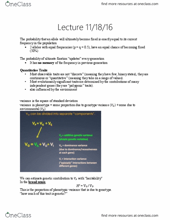BIOEE 1780 Lecture Notes - Lecture 35: Heritability, Standard Deviation, Genotype thumbnail