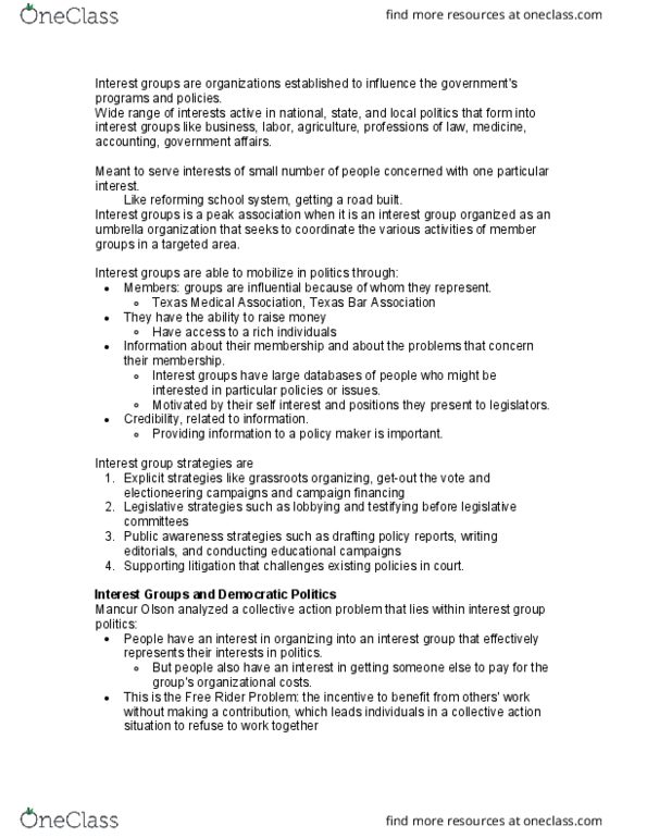 GOVT 2306 Lecture Notes - Lecture 8: Gus Sessions Wortham, Free Rider Problem, Mancur Olson thumbnail