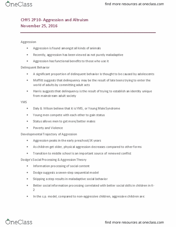 CHYS 2P10 Lecture Notes - Lecture 10: In Essence, Information Processing, Parenting Styles thumbnail