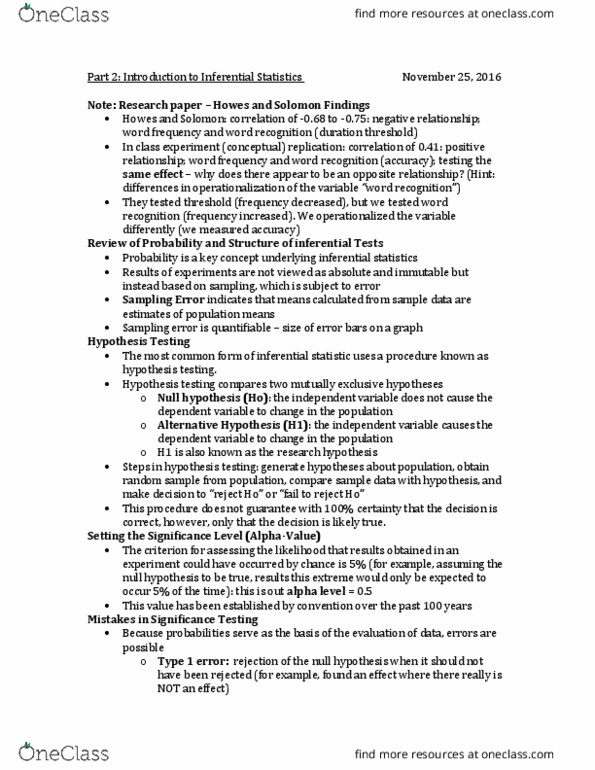 PSYC 2001 Lecture Notes - Lecture 20: Type I And Type Ii Errors, Null Hypothesis, Statistical Inference thumbnail