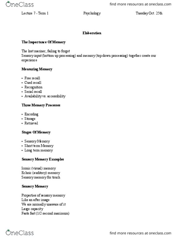 PSYC 1F90 Lecture Notes - Lecture 7: Sensory Memory, Semantic Memory, Episodic Memory thumbnail