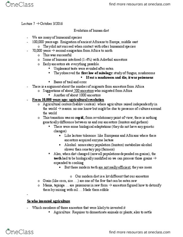 GEO 509 Lecture Notes - Lecture 7: Lactase, Stone Age thumbnail