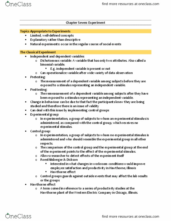 SOC200H1 Chapter Notes - Chapter 7: Western Electric, Simple Random Sample, Random Assignment thumbnail