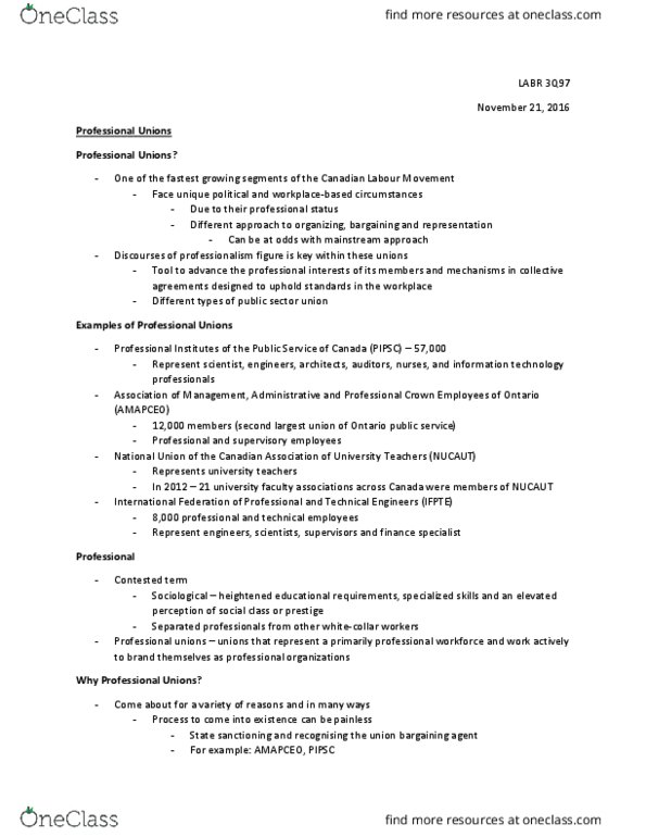 LABR 3Q97 Lecture Notes - Lecture 9: Union Representative, Business Unionism, Labour Candidates And Parties In Canada thumbnail