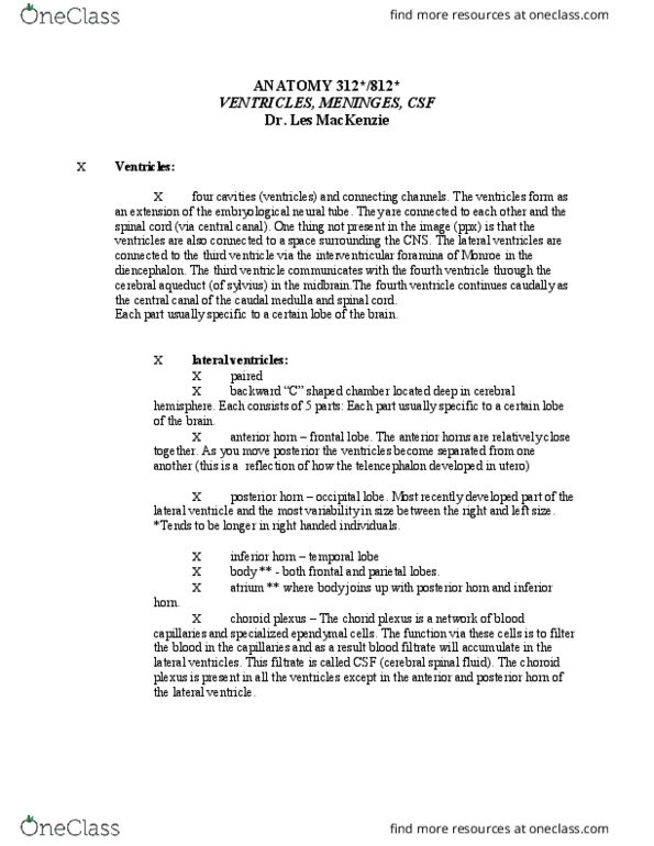 ANAT 312 Lecture Notes - Lecture 3: Choroid Plexus, Fourth Ventricle, Cerebrospinal Fluid thumbnail