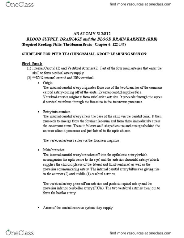 ANAT 312 Lecture Notes - Lecture 4: Anterior Inferior Cerebellar Artery, Superior Cerebellar Artery, Posterior Spinal Artery thumbnail