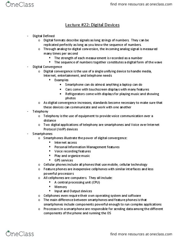 CGS-2100 Lecture Notes - Lecture 22: Digital Signal Processor, Technological Convergence, Personal Information Management thumbnail